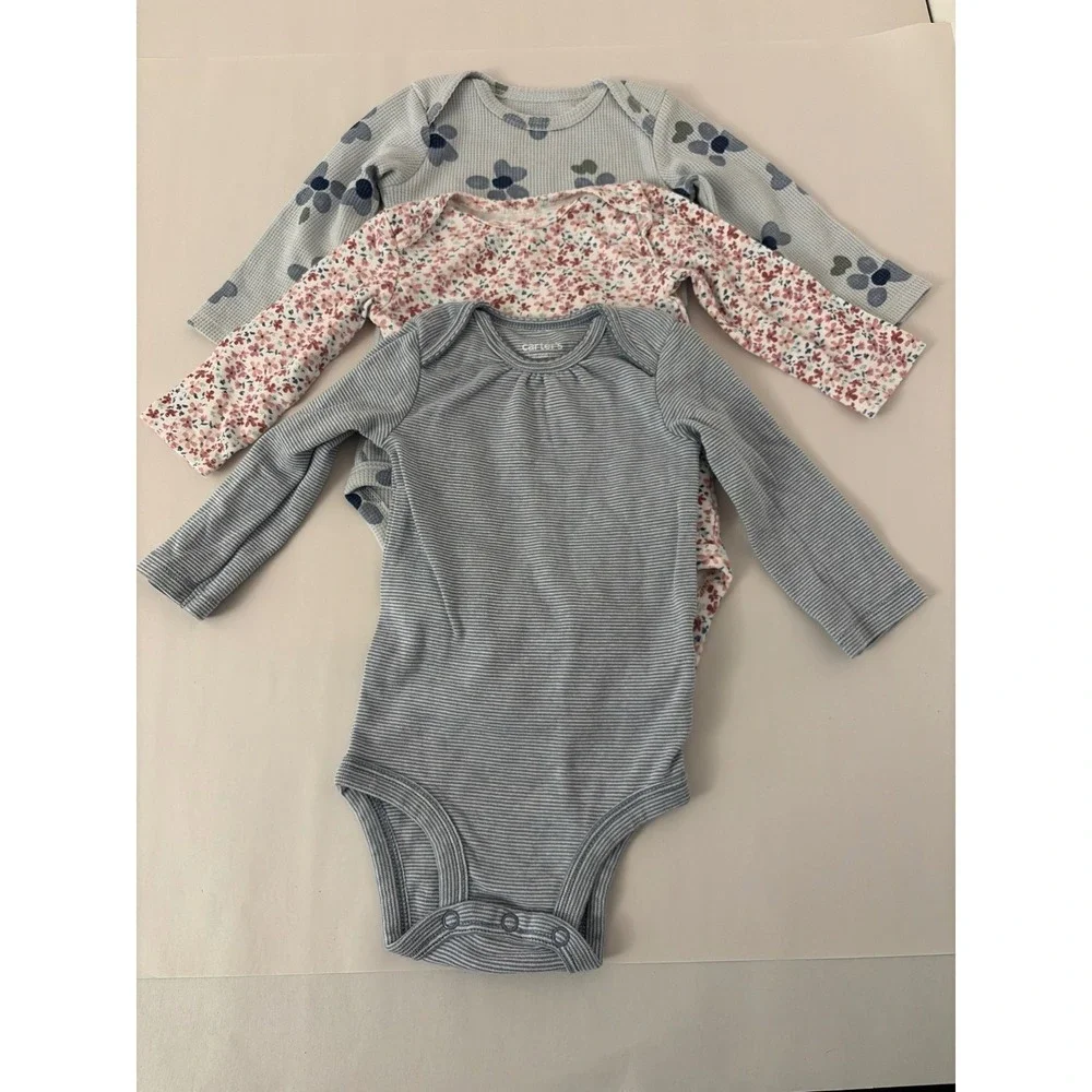 Carters Bodysuits Baby Girl 6Mo Blue Pink Excellent Lot of 3 Floral Striped L/S